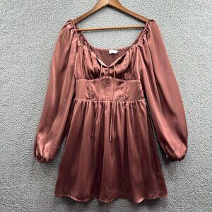 All in Favor Long Sleeve Plisse' Satin Mini Dress Deep‎ Mauve S